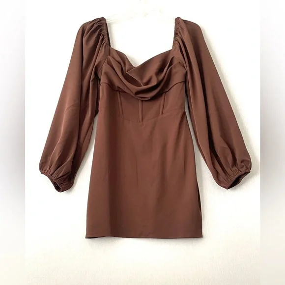 Princess Polly Lillie Long Sleeve Mini Dress Brown NWT - Picture 2 of 14